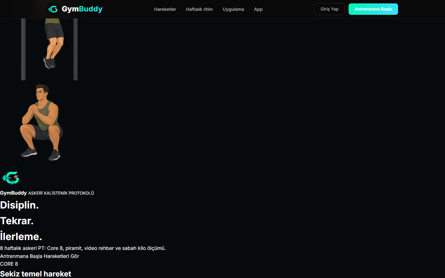 GymBuddy Core 8 hareket kartları